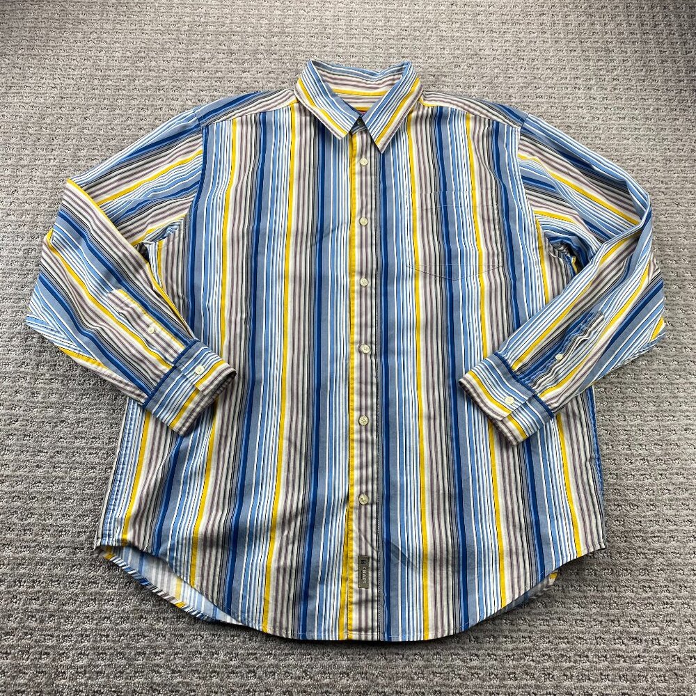 Vintage CHAPS Denim Shirt Men Large L White Blue Red Yellow Striped Colorful 90s